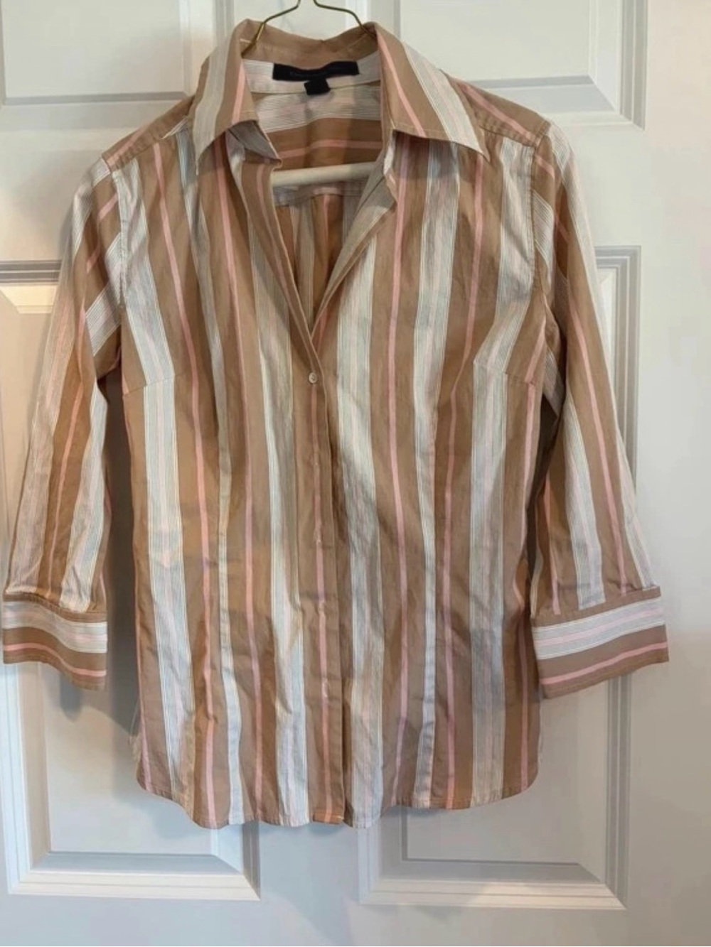 Express Button-Down Shirt - Tan, White & Pink Stripes